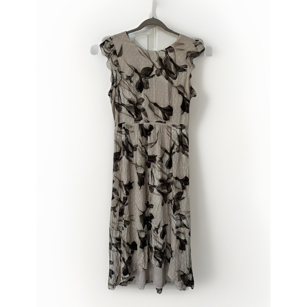 All Saints Caylan Iris Floral Midi Dress Taupe Flutter Slv Sz 8